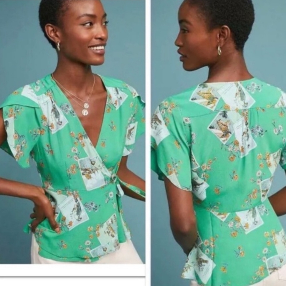 Meadow Rue Anthropologie Top Sz 00 Bon Voyage Green Wrap Flutter Sleeve Boho